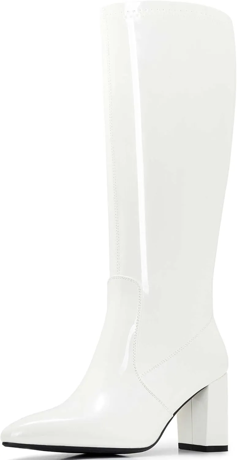 Wide Calf Knee High Boots For Women Plus Size Side Zipper Leather Chunky Heel Boots Heeled Pointed Toe Tall