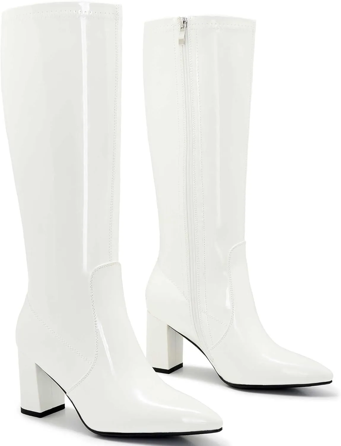 Wide Calf Knee High Boots For Women Plus Size Side Zipper Leather Chunky Heel Boots Heeled Pointed Toe Tall