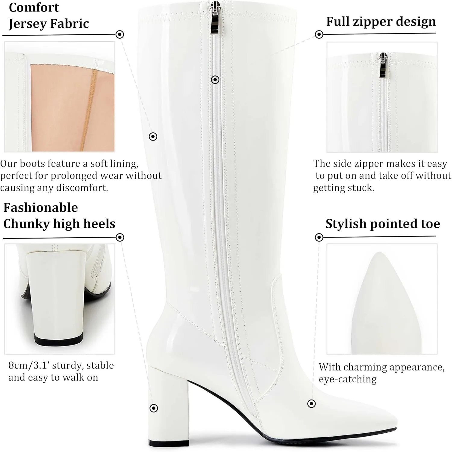 Wide Calf Knee High Boots For Women Plus Size Side Zipper Leather Chunky Heel Boots Heeled Pointed Toe Tall