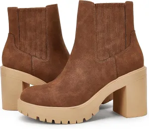 Womems Platform Lug Sole Ankle Boots Chunky Block Heel Seam Booties Combat Cozy Round Toe Chelsea Shoes
