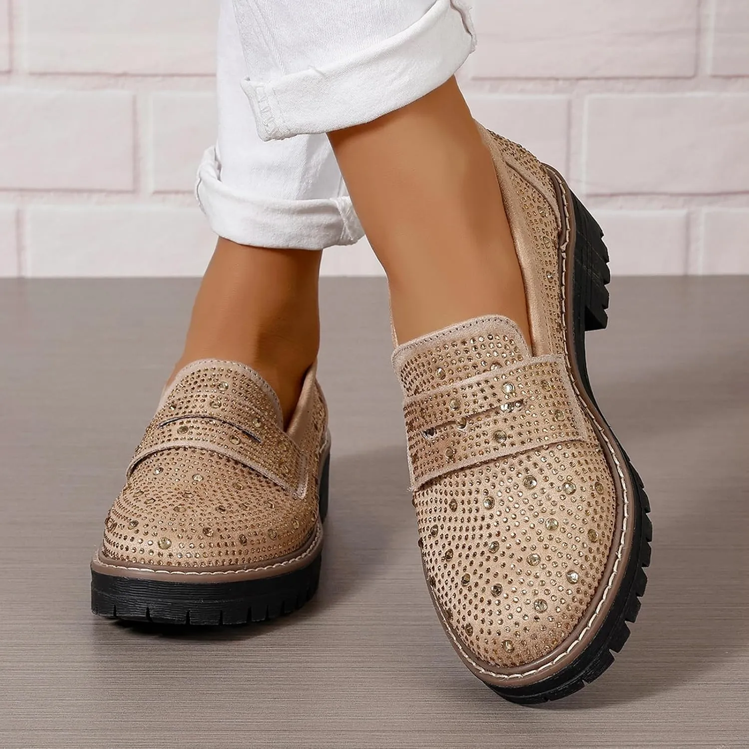 Women Chunky Loafers Rhinestone Round Toe Platform Loafers Comfort Work Office Business Dressy Pumps Loafers