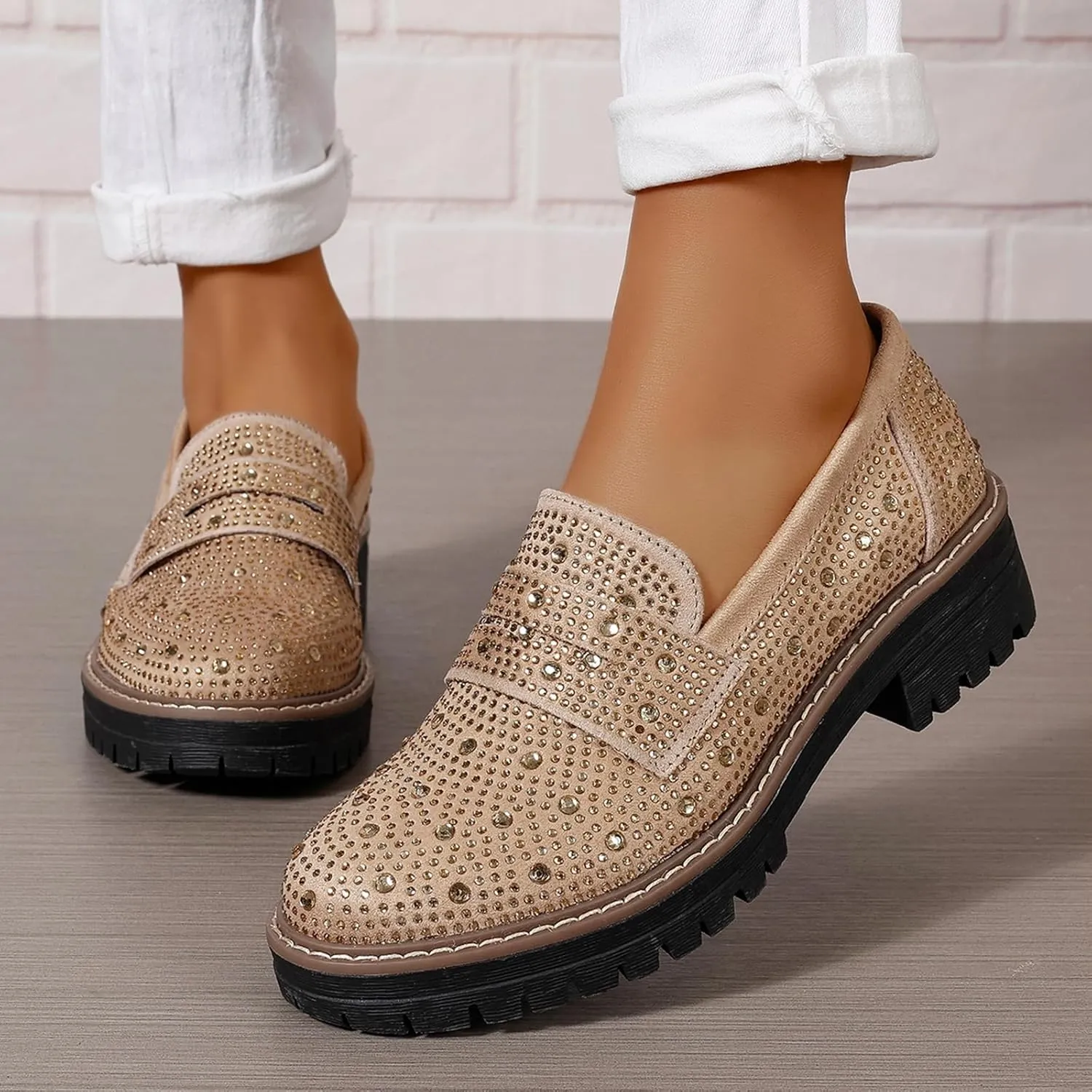 Women Chunky Loafers Rhinestone Round Toe Platform Loafers Comfort Work Office Business Dressy Pumps Loafers