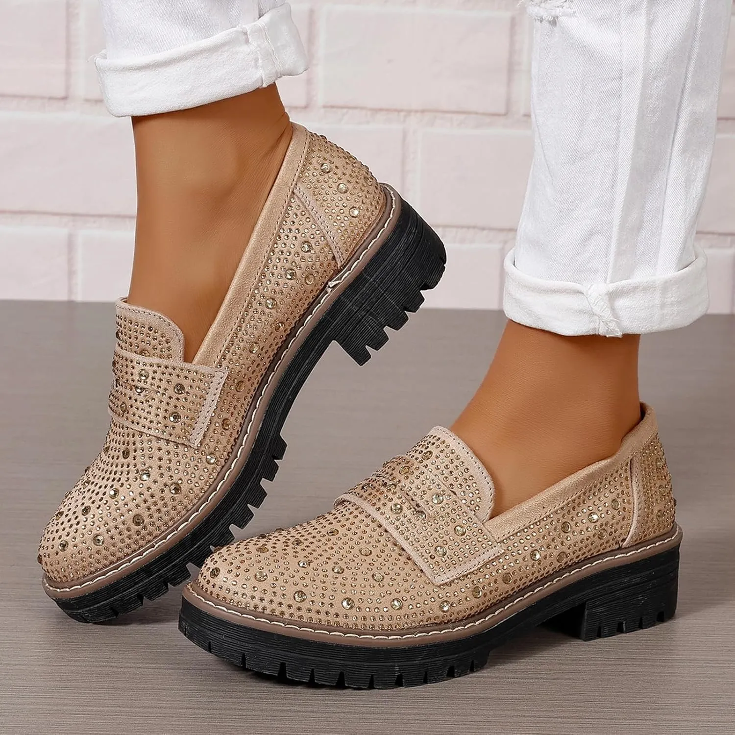 Women Chunky Loafers Rhinestone Round Toe Platform Loafers Comfort Work Office Business Dressy Pumps Loafers