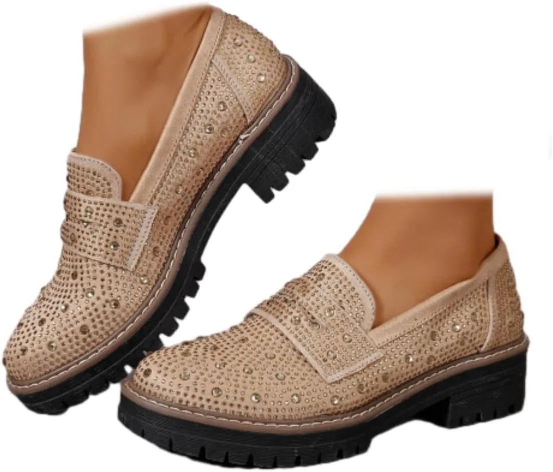 Women Chunky Loafers Rhinestone Round Toe Platform Loafers Comfort Work Office Business Dressy Pumps Loafers