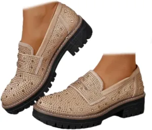 Women Chunky Loafers Rhinestone Round Toe Platform Loafers Comfort Work Office Business Dressy Pumps Loafers