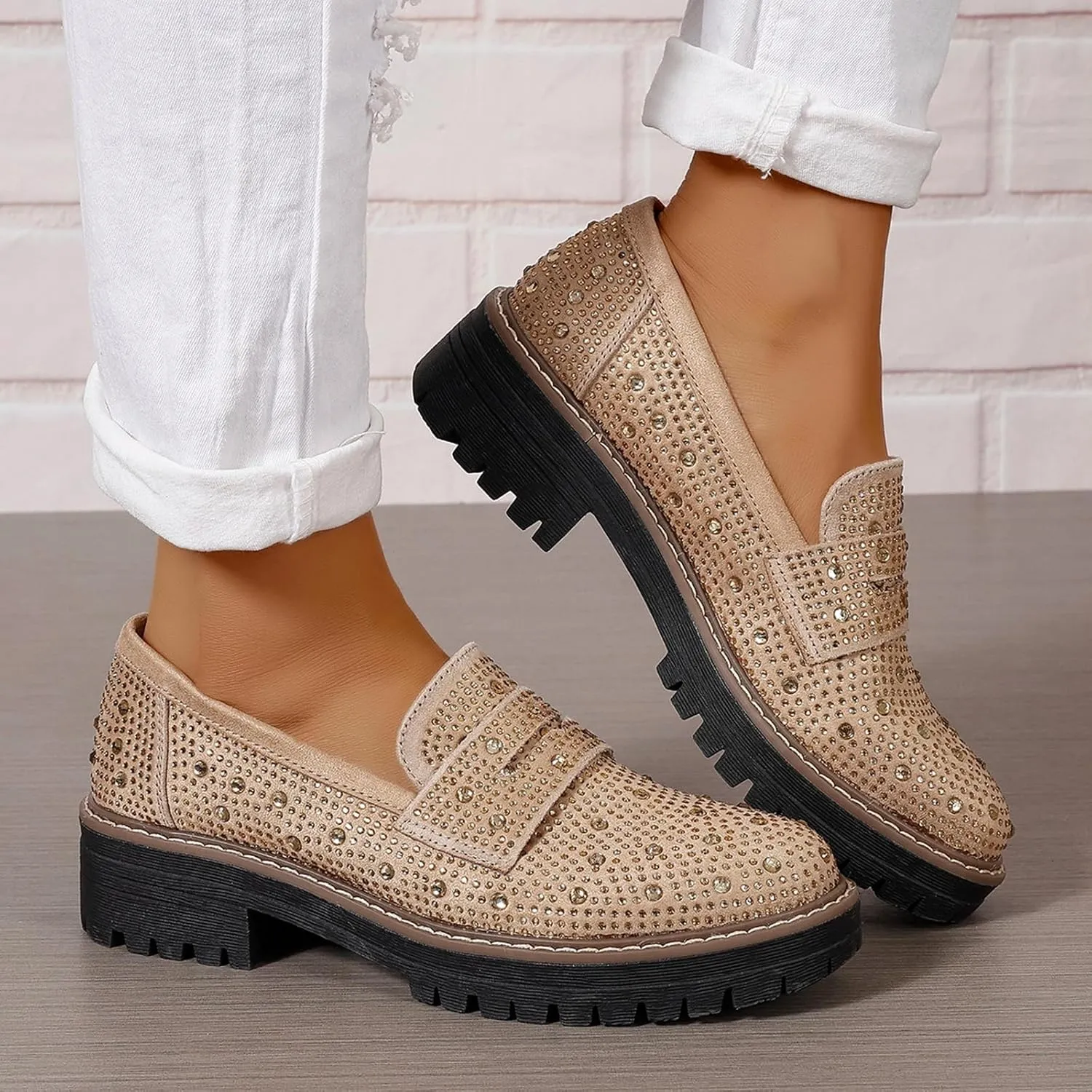 Women Chunky Loafers Rhinestone Round Toe Platform Loafers Comfort Work Office Business Dressy Pumps Loafers