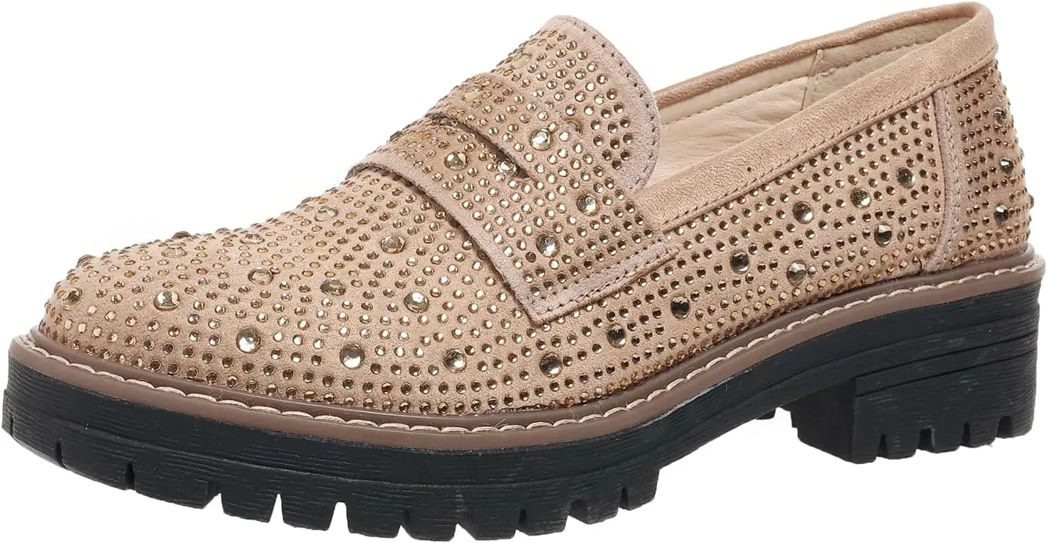 Women Chunky Loafers Rhinestone Round Toe Platform Loafers Comfort Work Office Business Dressy Pumps Loafers