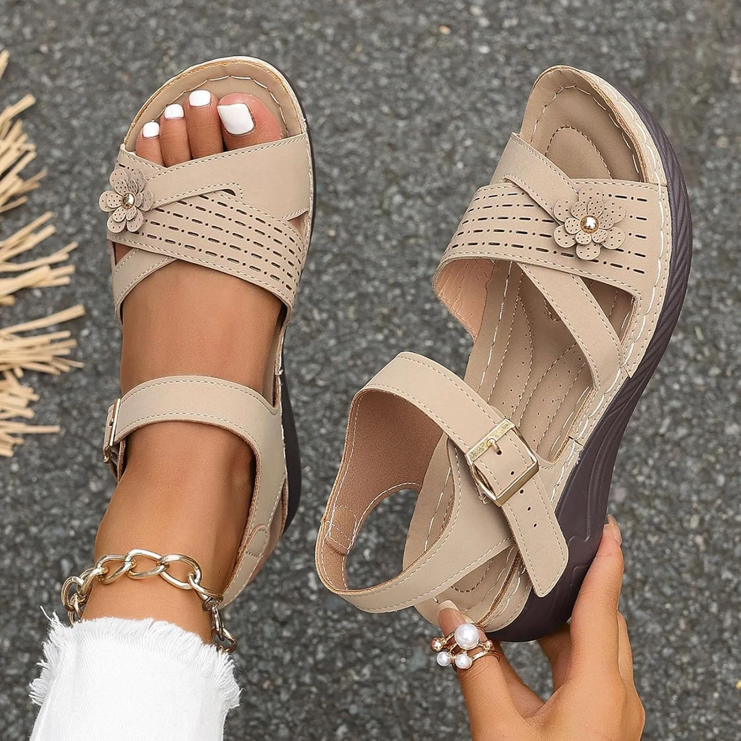 Women Comfortable Sandals Comfortable Wedge Platform Walking Sandals Orthopedic Arch Support Sandal Dressy Casual Open Toe Sandal with Adjustable Hook Loop