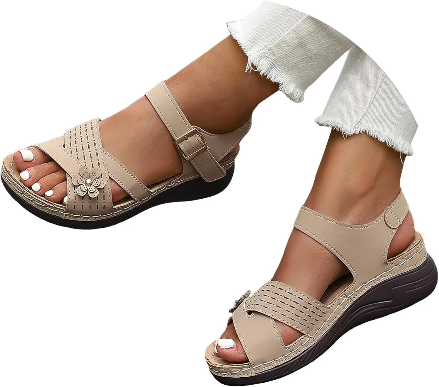 Women Comfortable Sandals Comfortable Wedge Platform Walking Sandals Orthopedic Arch Support Sandal Dressy Casual Open Toe Sandal with Adjustable Hook Loop