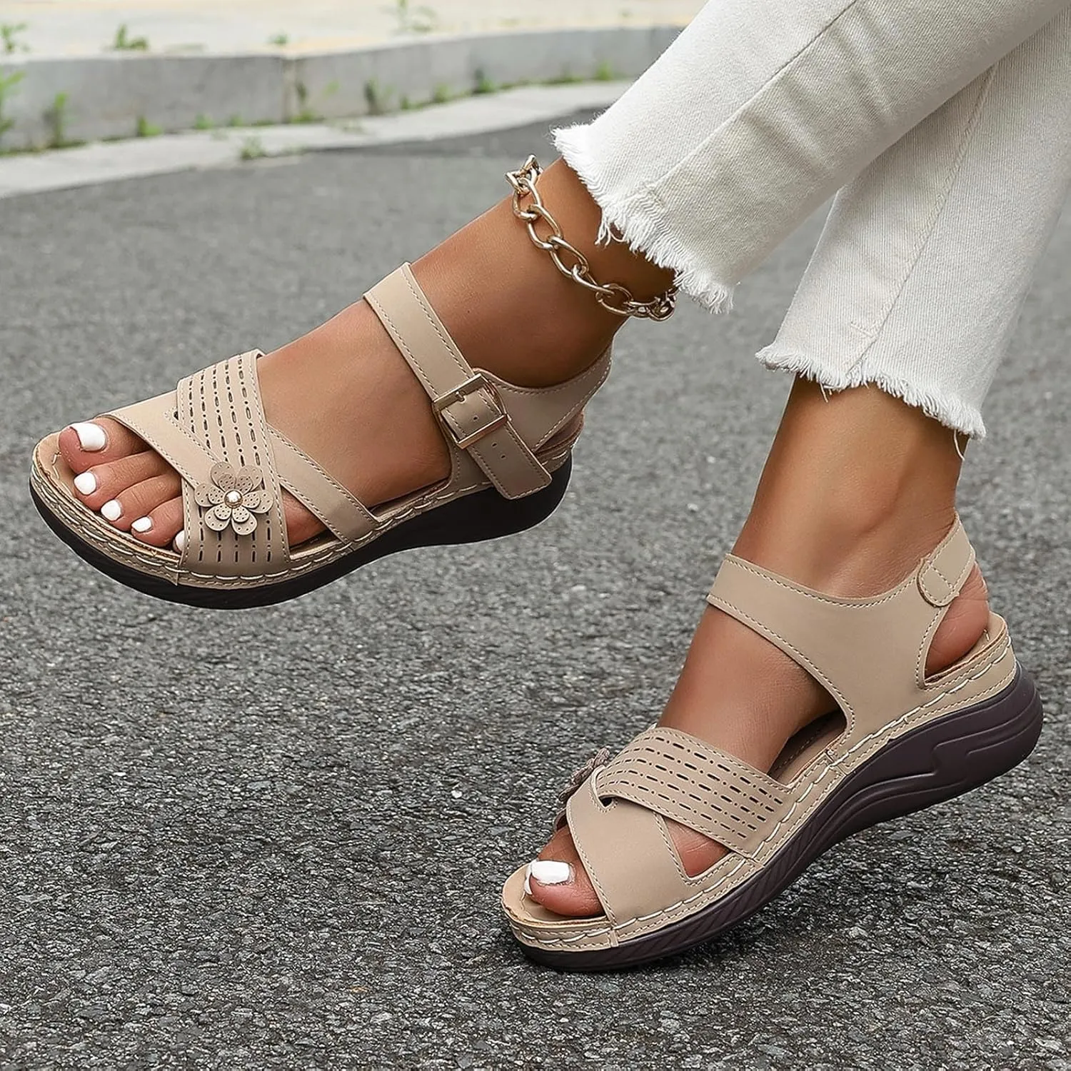 Women Comfortable Sandals Comfortable Wedge Platform Walking Sandals Orthopedic Arch Support Sandal Dressy Casual Open Toe Sandal with Adjustable Hook Loop