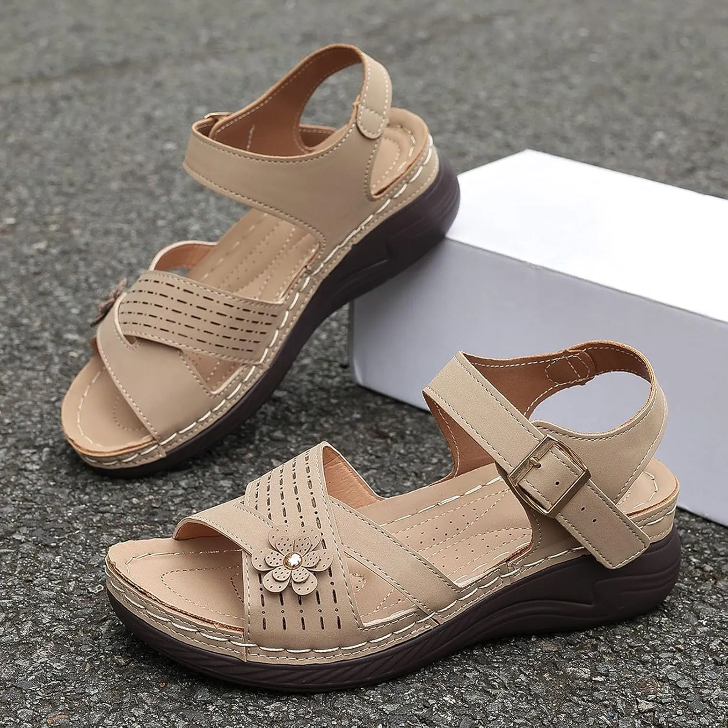 Women Comfortable Sandals Comfortable Wedge Platform Walking Sandals Orthopedic Arch Support Sandal Dressy Casual Open Toe Sandal with Adjustable Hook Loop