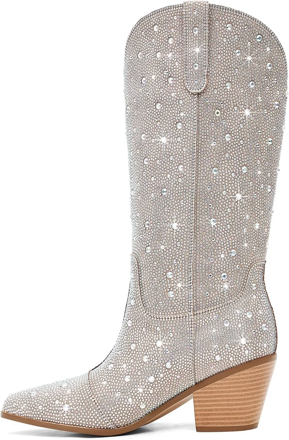 Women Cowboy Boots Cowgirl Rhinestone Mid Calf Western Boots Sparkly Glitter Boots Bling Pointed Toe Chunky Heel Pull On