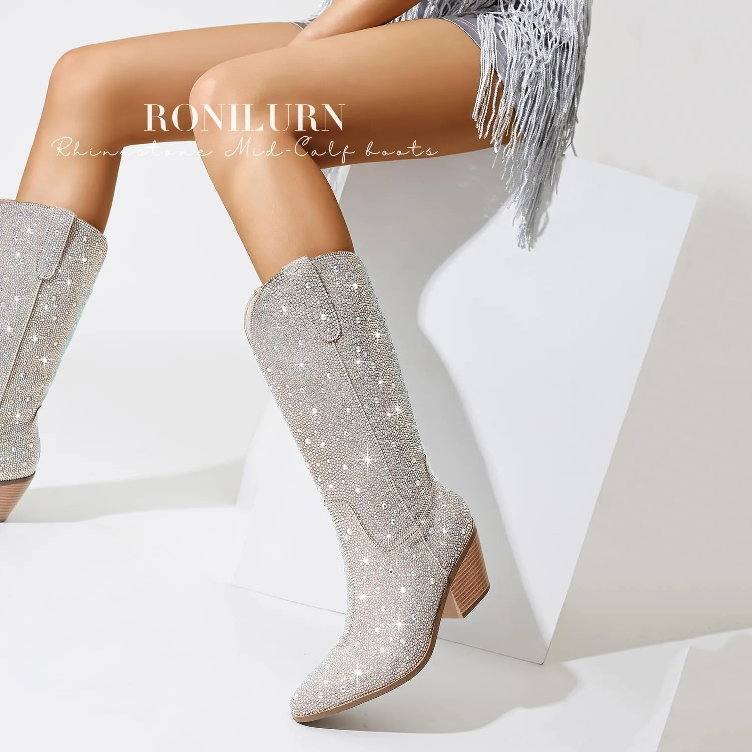 Women Cowboy Boots Cowgirl Rhinestone Mid Calf Western Boots Sparkly Glitter Boots Bling Pointed Toe Chunky Heel Pull On