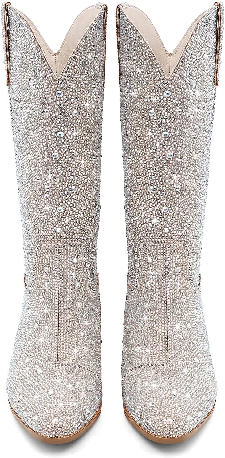 Women Cowboy Boots Cowgirl Rhinestone Mid Calf Western Boots Sparkly Glitter Boots Bling Pointed Toe Chunky Heel Pull On