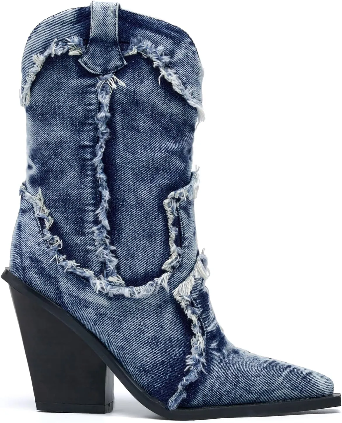Women Denim Rhinestones Cowboy Mid Calf Boots Almond Pointed Chunky Block Heel Sparkly wide calf Western Boots