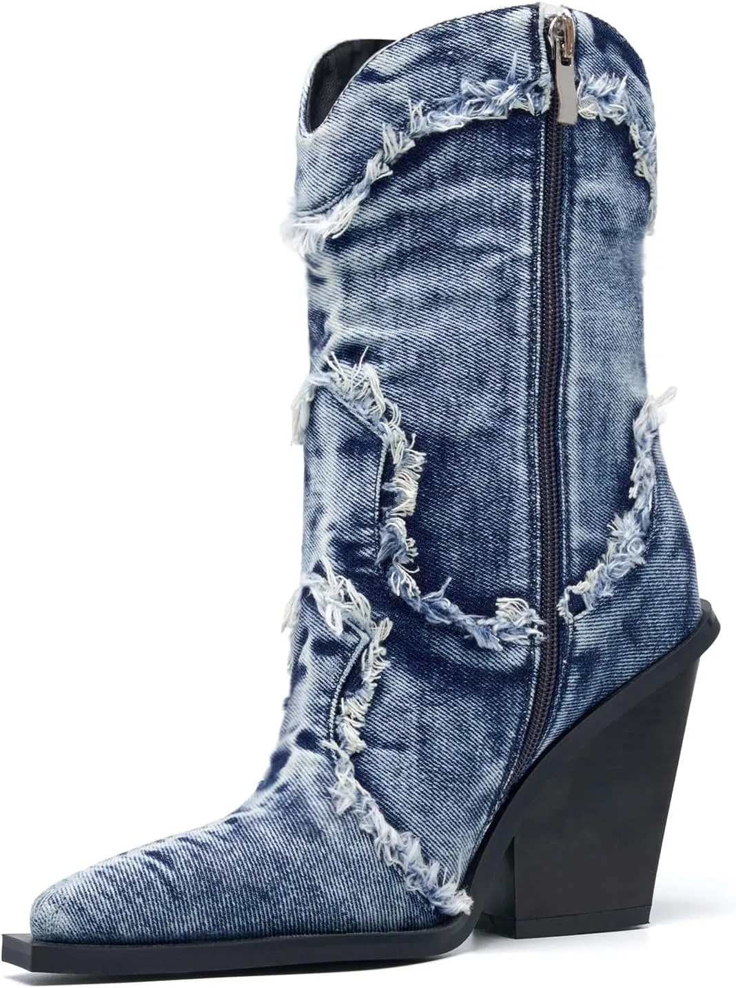 Women Denim Rhinestones Cowboy Mid Calf Boots Almond Pointed Chunky Block Heel Sparkly wide calf Western Boots