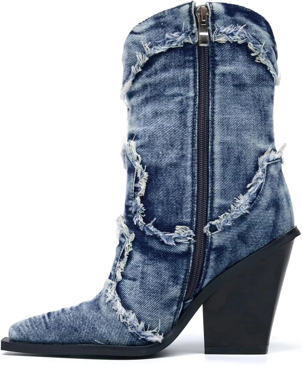 Women Denim Rhinestones Cowboy Mid Calf Boots Almond Pointed Chunky Block Heel Sparkly wide calf Western Boots