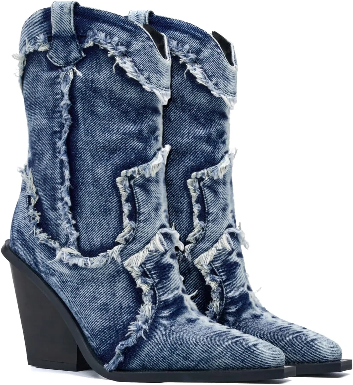 Women Denim Rhinestones Cowboy Mid Calf Boots Almond Pointed Chunky Block Heel Sparkly wide calf Western Boots