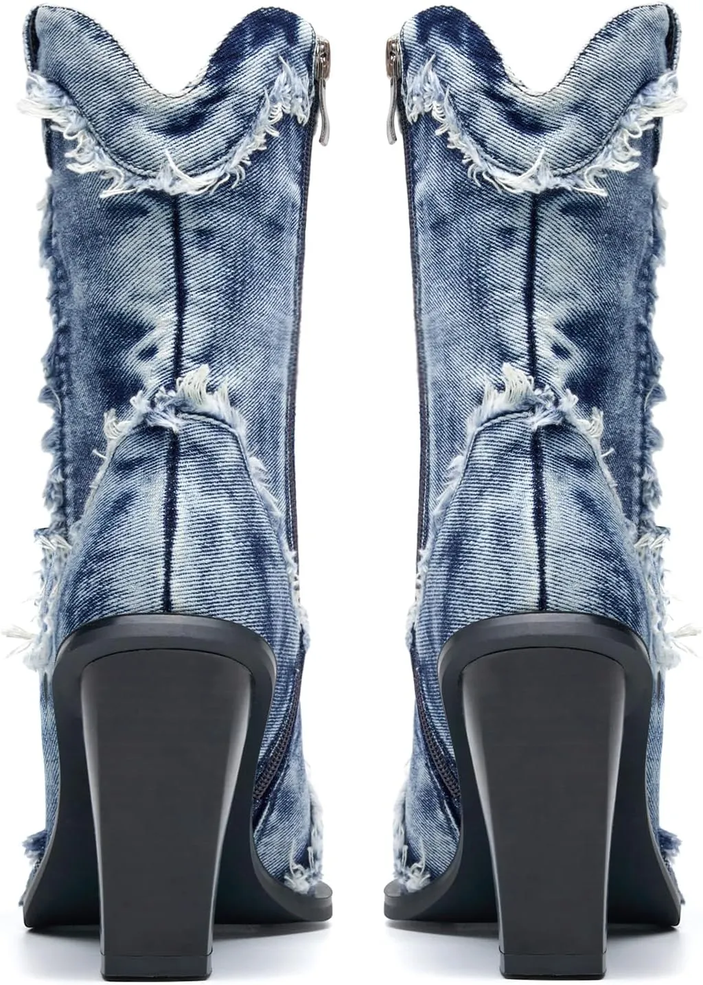 Women Denim Rhinestones Cowboy Mid Calf Boots Almond Pointed Chunky Block Heel Sparkly wide calf Western Boots