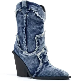 Women Denim Rhinestones Cowboy Mid Calf Boots Almond Pointed Chunky Block Heel Sparkly wide calf Western Boots