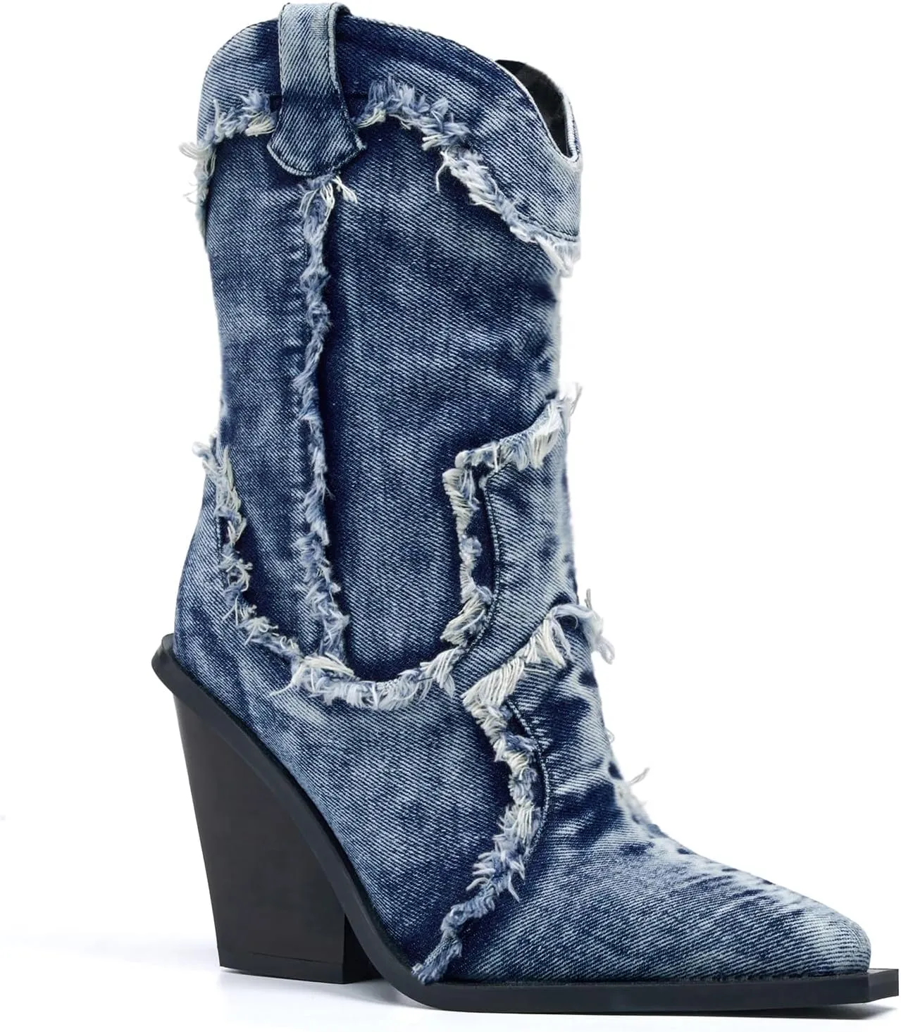 Women Denim Rhinestones Cowboy Mid Calf Boots Almond Pointed Chunky Block Heel Sparkly wide calf Western Boots