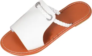 Women Embellished Retro Slipper PU Rubber Sole Vintage Sandal Open Toe Solid Slip on Slide Casual Beach Flat