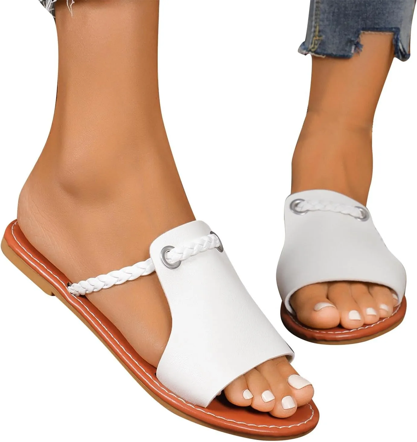 Women Embellished Retro Slipper PU Rubber Sole Vintage Sandal Open Toe Solid Slip on Slide Casual Beach Flat