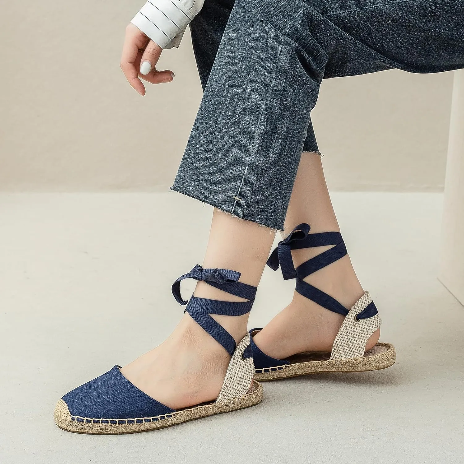 Women Espadrille Lace Up Flats Comfortable Summer Breathable Espadrille Sandals Adjustable Shoelace Dating Work Travel