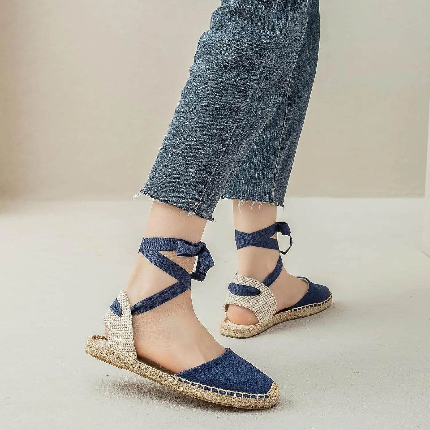 Women Espadrille Lace Up Flats Comfortable Summer Breathable Espadrille Sandals Adjustable Shoelace Dating Work Travel