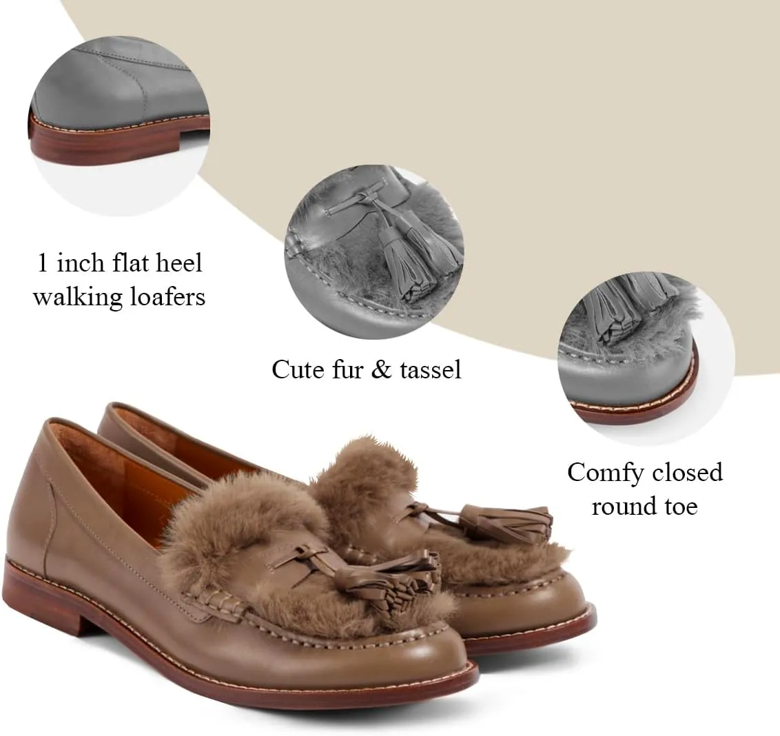 Women Low Chunky Heel Loafer Shoes Tassel Fluffy Round Toe Slip On Dress Loafers Fringe 1 Inch Block Low Heel Dress Shoes Fur Penny Loafers Comfort Office Shoes Classic 4-11 M US