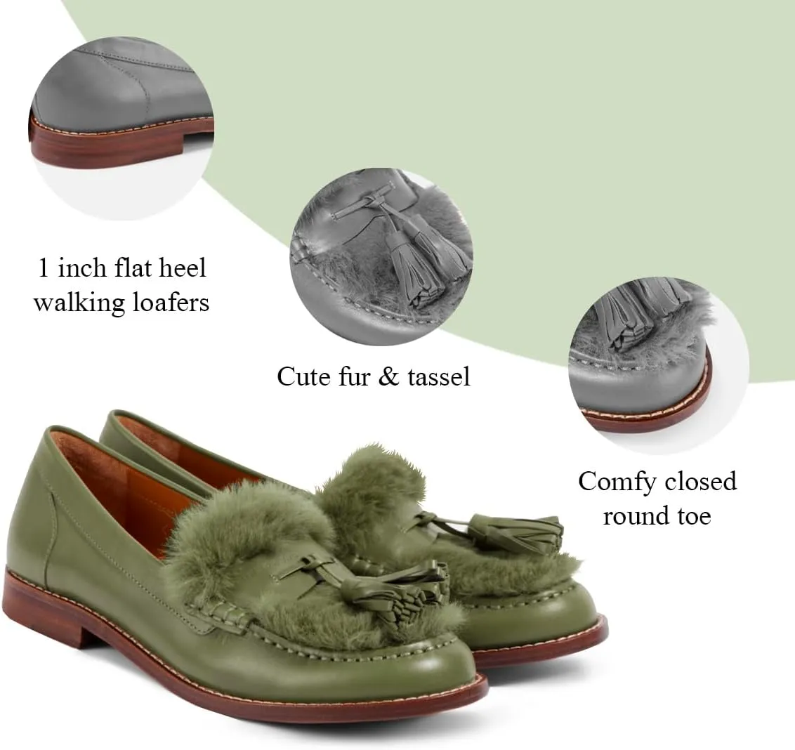Women Low Chunky Heel Loafer Shoes Tassel Fluffy Round Toe Slip On Dress Loafers Fringe 1 Inch Block Low Heel Dress Shoes Fur Penny Loafers Comfort Office Shoes Classic 4-11 M US
