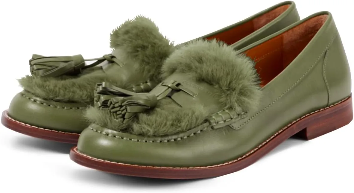 Women Low Chunky Heel Loafer Shoes Tassel Fluffy Round Toe Slip On Dress Loafers Fringe 1 Inch Block Low Heel Dress Shoes Fur Penny Loafers Comfort Office Shoes Classic 4-11 M US