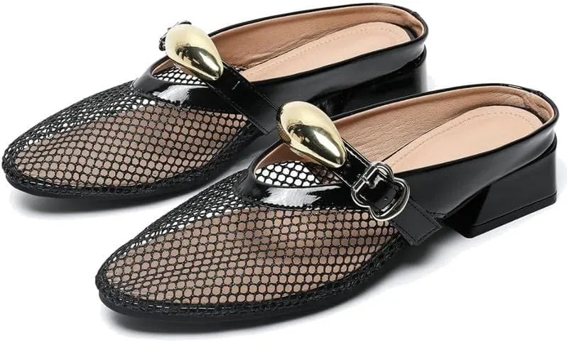 Women Mesh Mules Fishnet Ballet Flats Low Heel Metallic Slip On Ballerina Shoes Comfortable Round Toe Casual Dress Mary Jane Flats