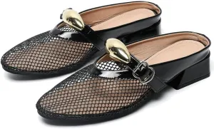Women Mesh Mules Fishnet Ballet Flats Low Heel Metallic Slip On Ballerina Shoes Comfortable Round Toe Casual Dress Mary Jane Flats