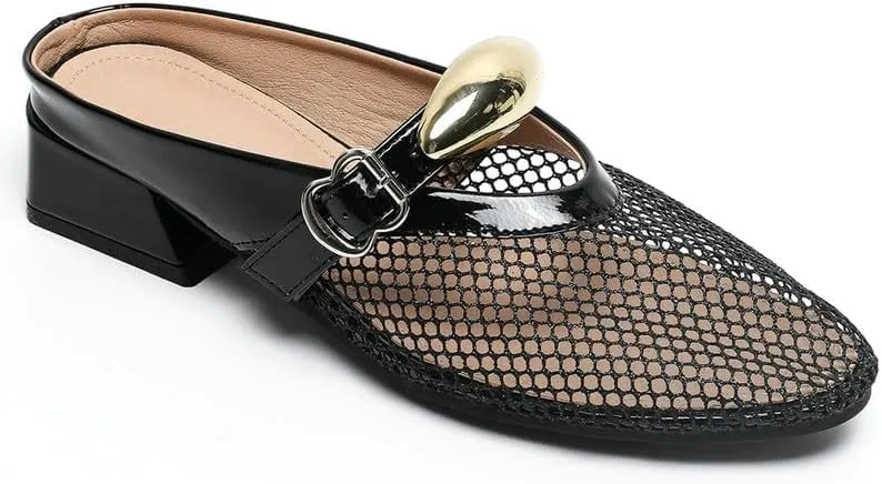 Women Mesh Mules Fishnet Ballet Flats Low Heel Metallic Slip On Ballerina Shoes Comfortable Round Toe Casual Dress Mary Jane Flats