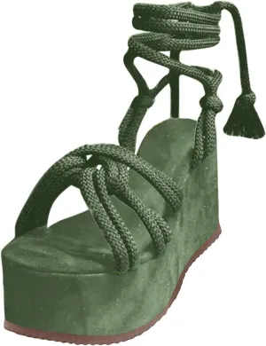 Women Platform Sandals Lace-up Wedge Sandals Casual Open Toe Shoes Summer Strappy Sandals (Green, 7.5)