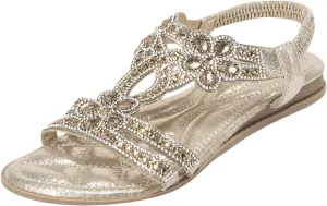 Women Rhinestone Embellished Flat Sandal High Elastic Ankle Strap Shoe Solid Textured Open Toe Sparkly Sandals
