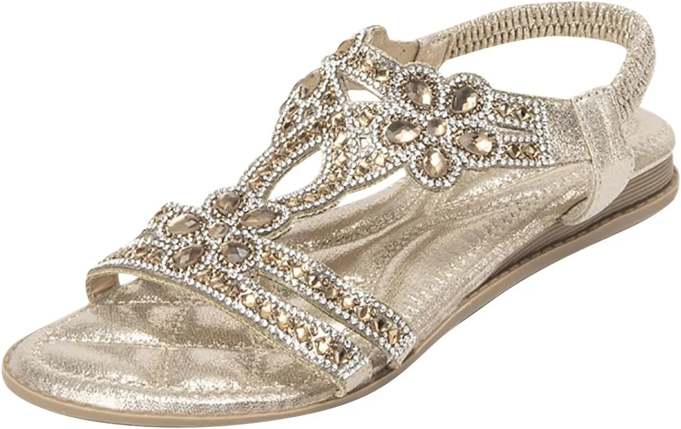 Women Rhinestone Embellished Flat Sandal High Elastic Ankle Strap Shoe Solid Textured Open Toe Sparkly Sandals