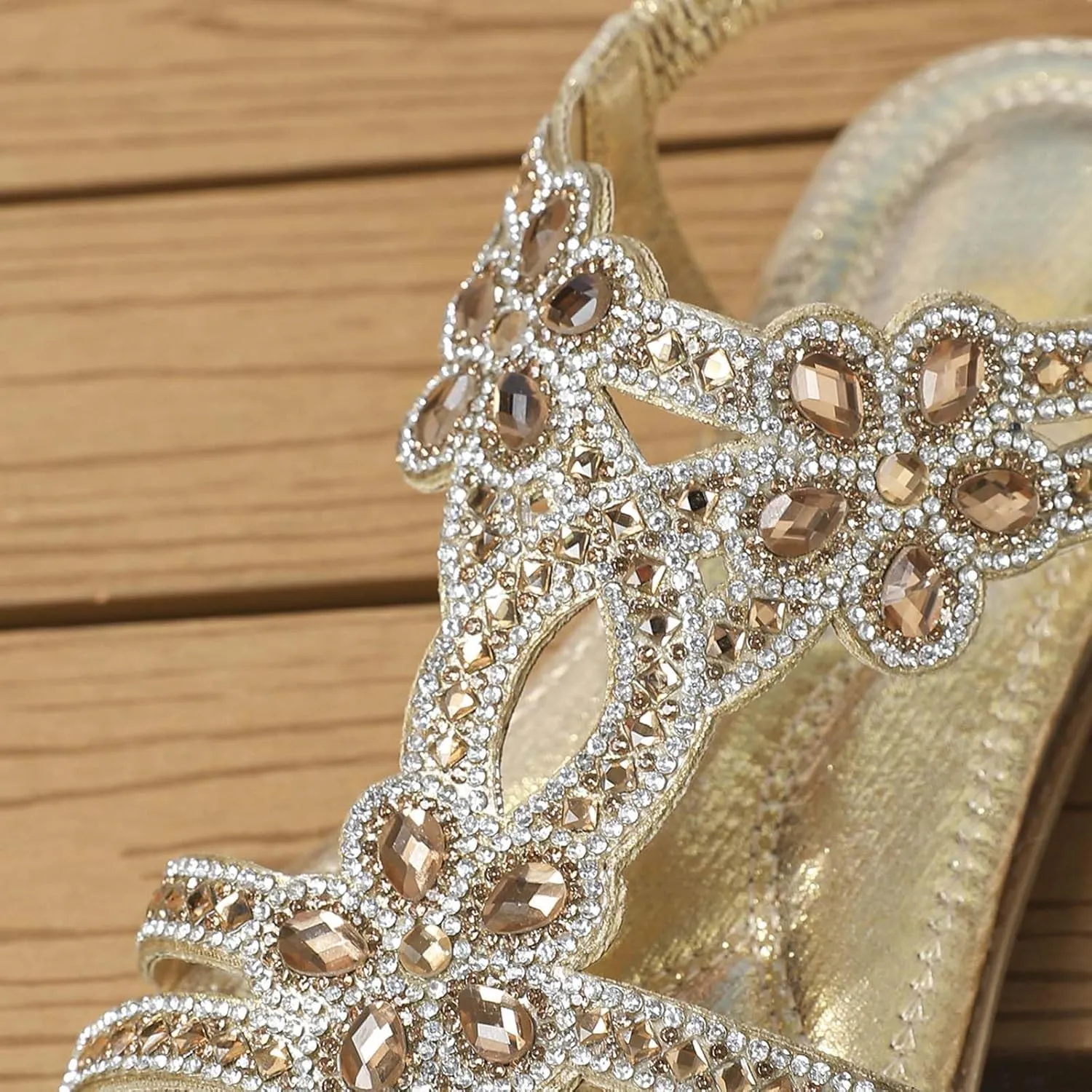 Women Rhinestone Embellished Flat Sandal High Elastic Ankle Strap Shoe Solid Textured Open Toe Sparkly Sandals