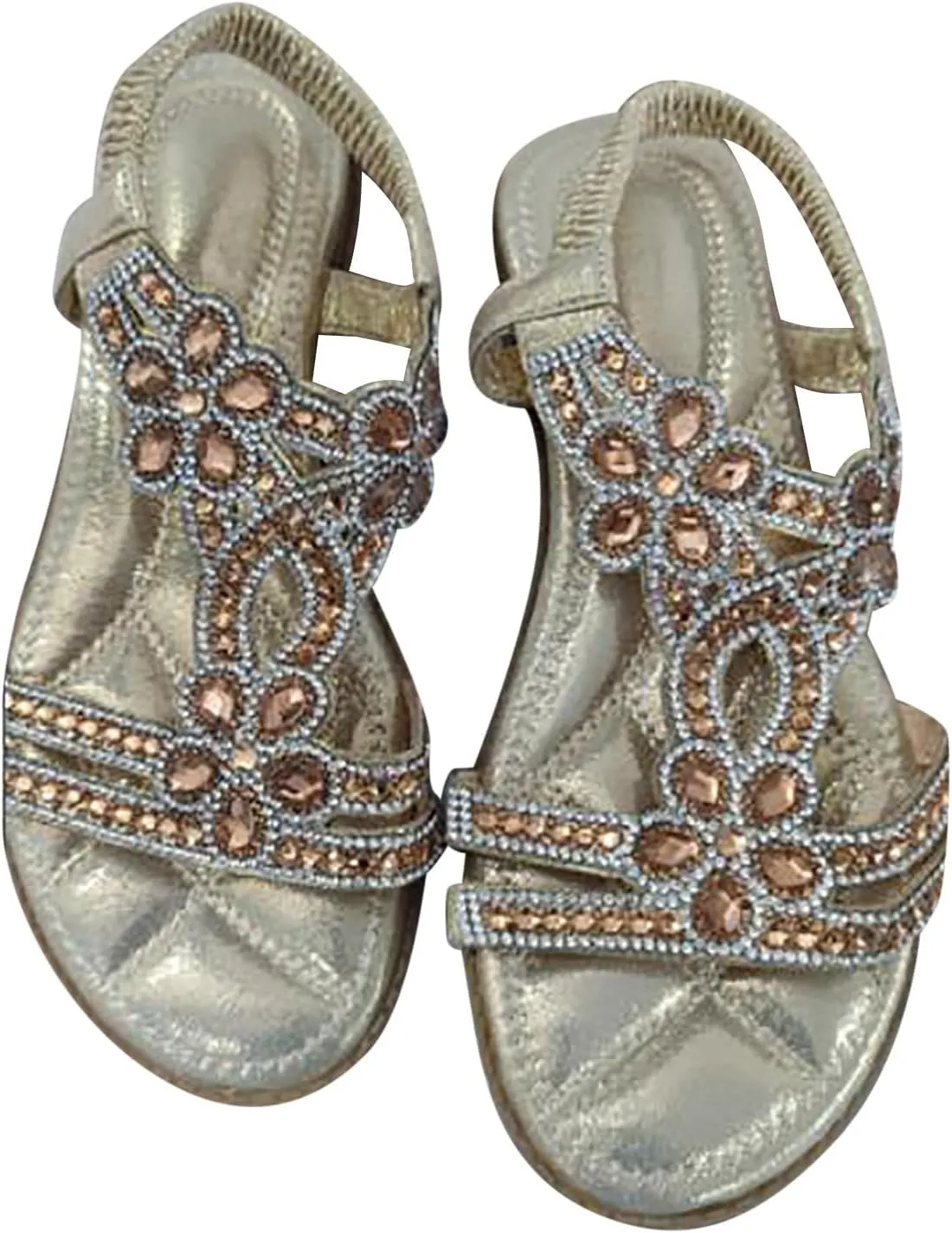 Women Rhinestone Embellished Flat Sandal High Elastic Ankle Strap Shoe Solid Textured Open Toe Sparkly Sandals