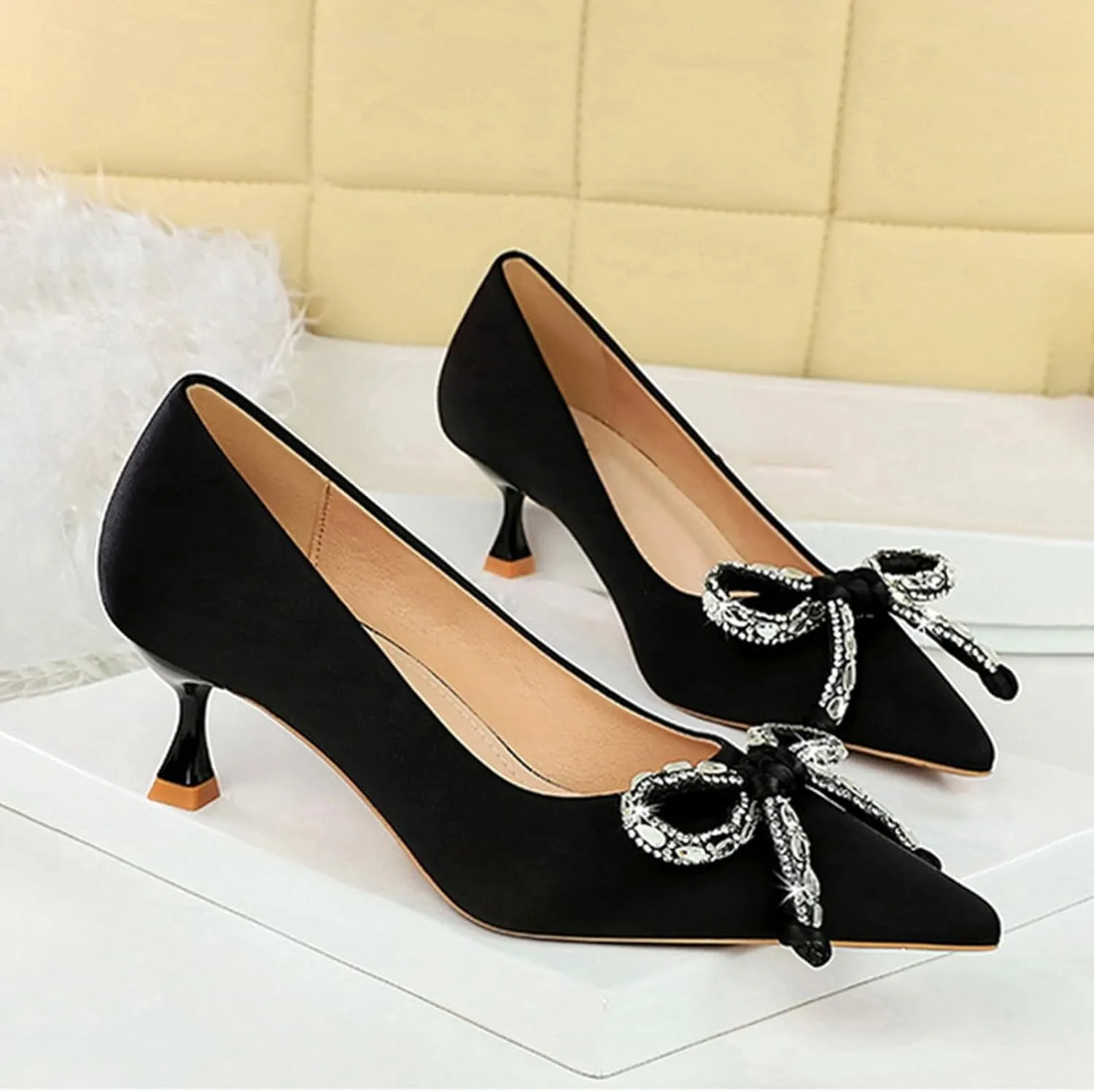 Women Sandal Bow Wedding Party Dress Shoes Stiletto Heel Pointed Toe Slip On Sandal Summer Comfortable Casual Shoes