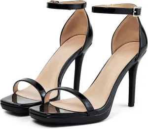Women Strappy High Heeled Sandals,4.3-Inch Stiletto Open Square Toe Heels with Ankle Strap at Wedding Bride Prom Date Work Church Dressy