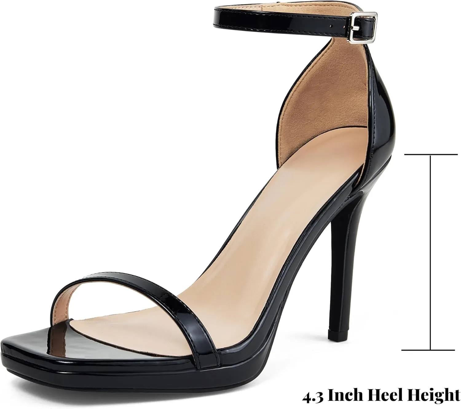 Women Strappy High Heeled Sandals,4.3-Inch Stiletto Open Square Toe Heels with Ankle Strap at Wedding Bride Prom Date Work Church Dressy