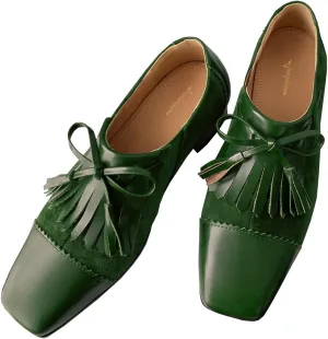 Women Tassel Loafer Flats Square Closed Toe Wingtip Bow Oxford Shoes Slip On Low Chunky Block Heel Penny Loafers Fringe Two-Toned Patchwork Dressy Vintage Office Work Shoes Chic 4-11 M US