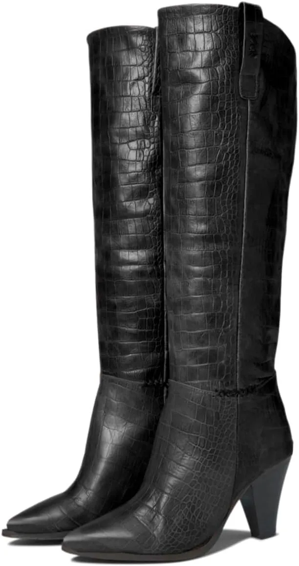 Women Western Knee High Boots Chunky Stacked Heel Pointed Toe Crocodile Boots Pull On Burnished Matte Leather 3" High Cone Heels Tall Dress Boots Office Work Formal Vintage Fall 4-11 M US