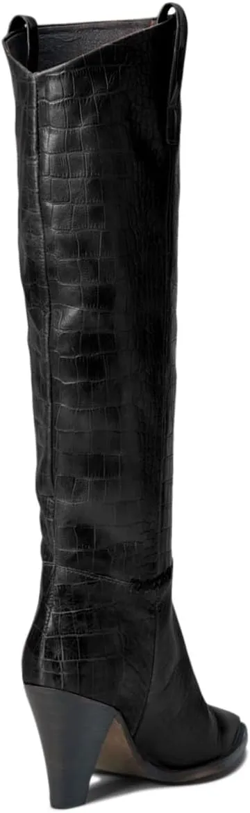 Women Western Knee High Boots Chunky Stacked Heel Pointed Toe Crocodile Boots Pull On Burnished Matte Leather 3" High Cone Heels Tall Dress Boots Office Work Formal Vintage Fall 4-11 M US