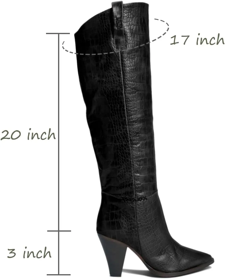 Women Western Knee High Boots Chunky Stacked Heel Pointed Toe Crocodile Boots Pull On Burnished Matte Leather 3" High Cone Heels Tall Dress Boots Office Work Formal Vintage Fall 4-11 M US
