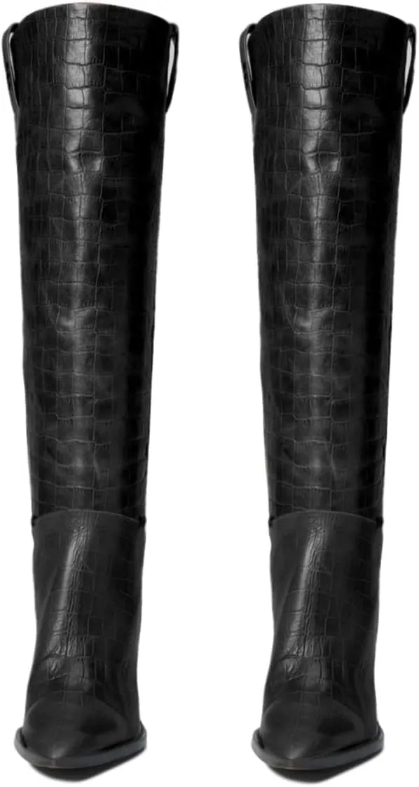 Women Western Knee High Boots Chunky Stacked Heel Pointed Toe Crocodile Boots Pull On Burnished Matte Leather 3" High Cone Heels Tall Dress Boots Office Work Formal Vintage Fall 4-11 M US