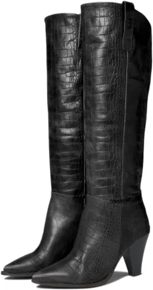 Women Western Knee High Boots Chunky Stacked Heel Pointed Toe Crocodile Boots Pull On Burnished Matte Leather 3" High Cone Heels Tall Dress Boots Office Work Formal Vintage Fall 4-11 M US
