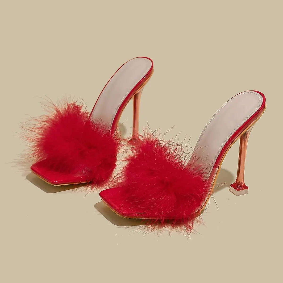 Women White Feather Clear PVC Slippers Square Toe Stilettos Slides Transparent Crystal High Heels Sandals Mules Party Shoes Glass Heels